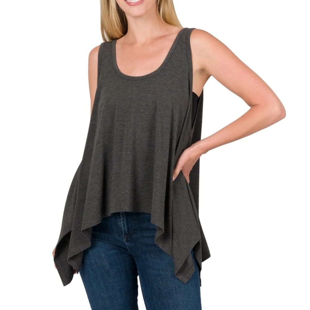 Zenana Charcoal Gray Sharkbite Hem Tank Top RT-8324A Womens Medium Relaxed Fit